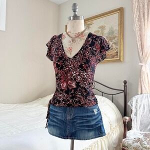 black floral fairy top  y2k poetry black floral tie top size medium